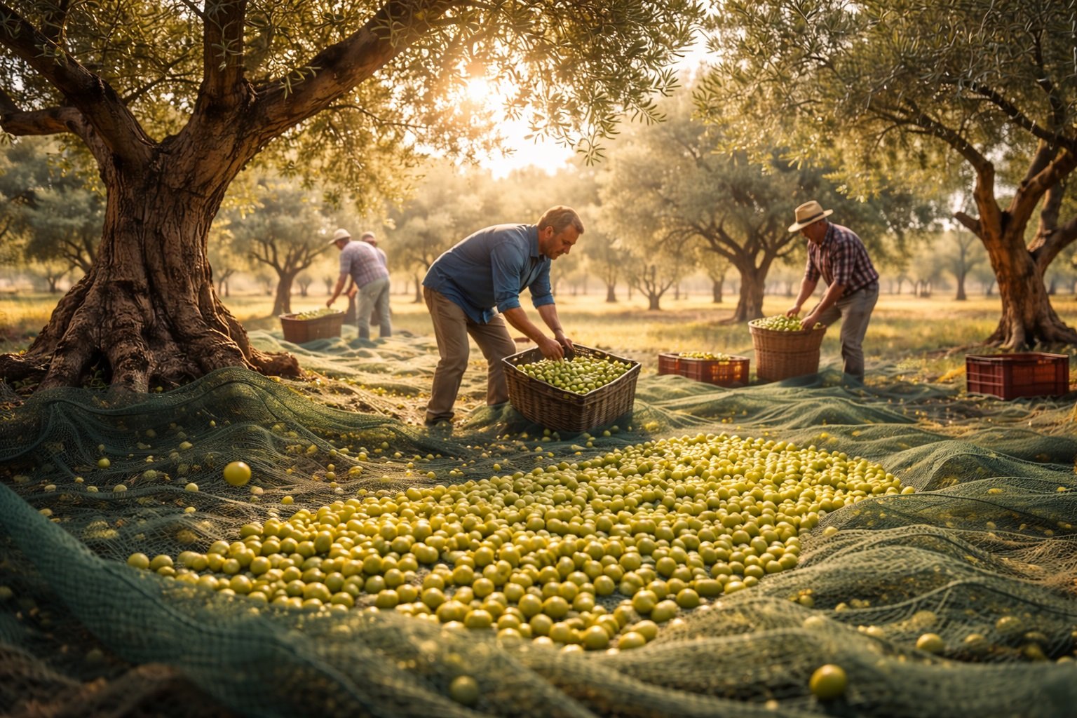 Cosecha mediterránea de aceitunas para producción de aceite de oliva virgen extra a granel