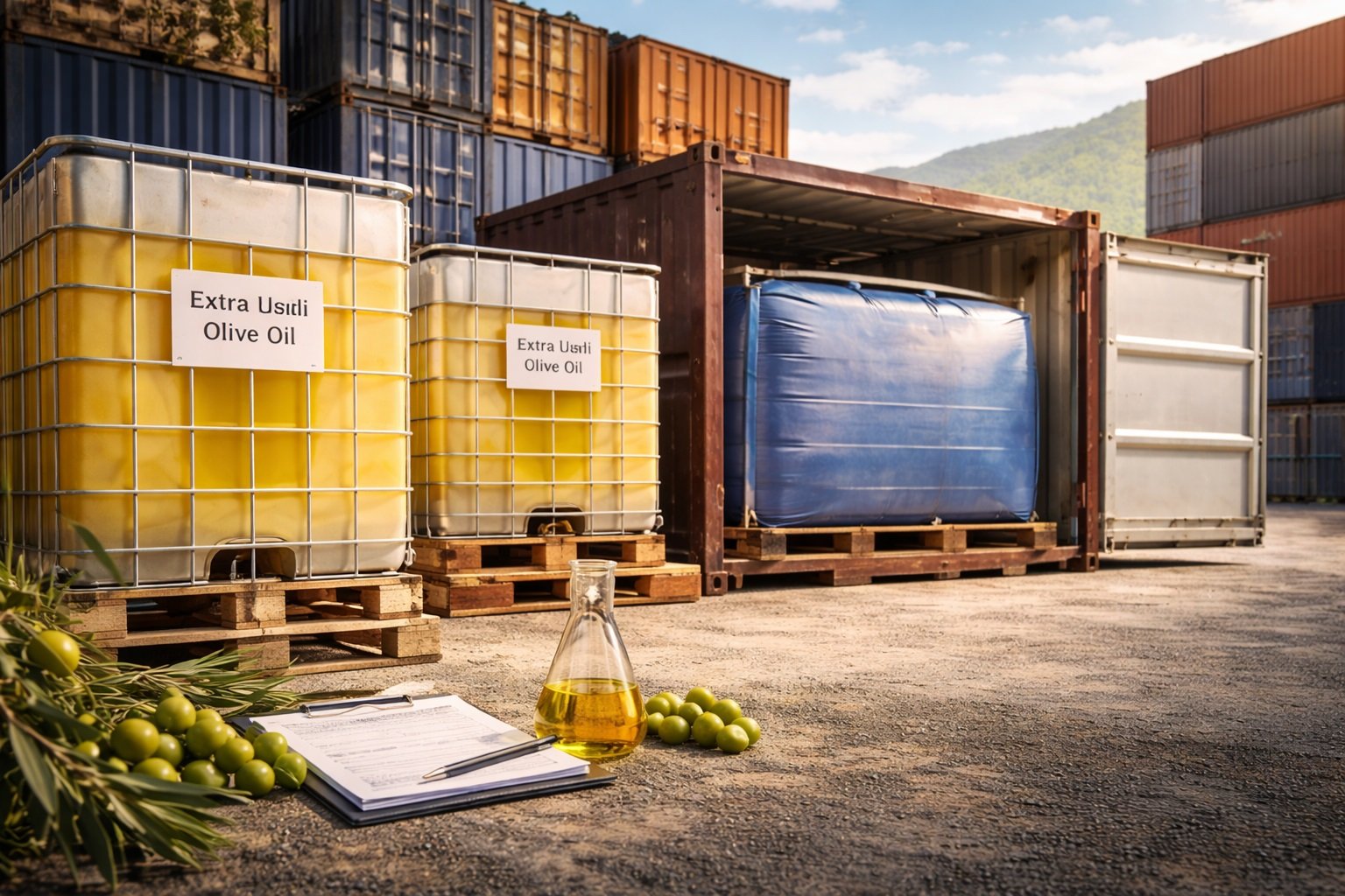 Logística de exportación de aceite de oliva con contenedores IBC y flexitank en un contenedor marítimo